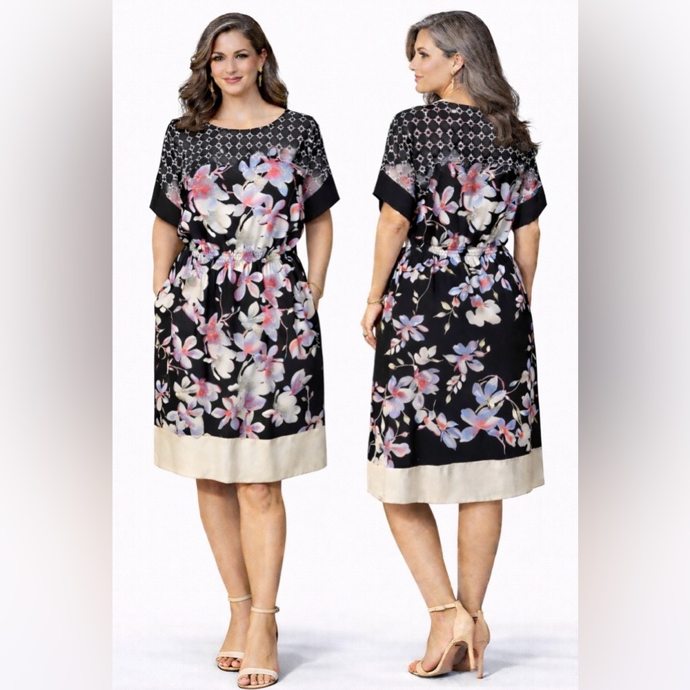 DKNY Dress Black Ivory M Medium Floral Faux Silk Pocket Washable